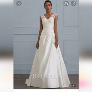 V-neck sweep train satin wedding dress with ruffle beading sequins